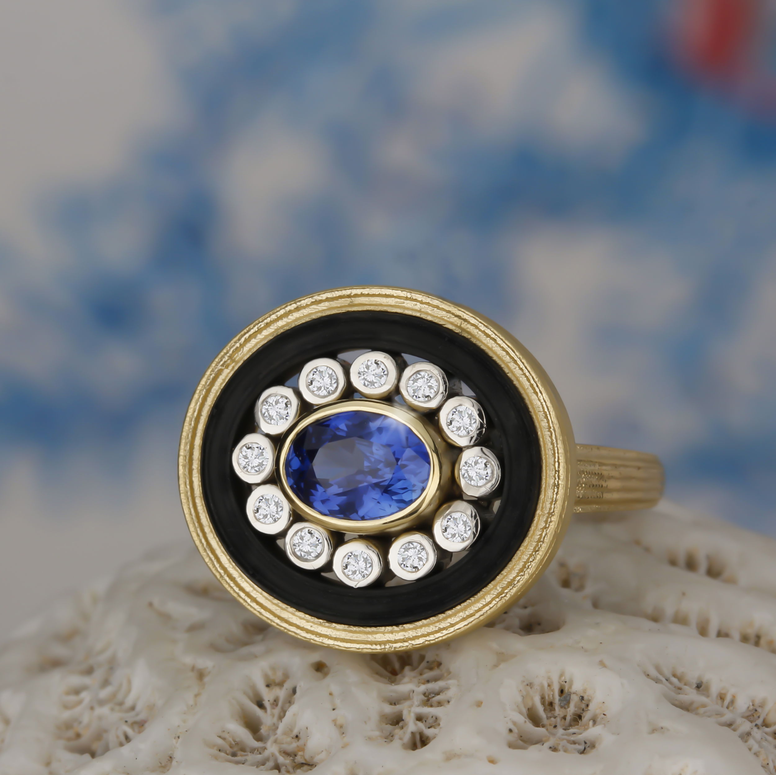 Paragon Oval Center Stone Ring with Sapphire and Diamonds in 18kt Yellow Gold and Black Chrome