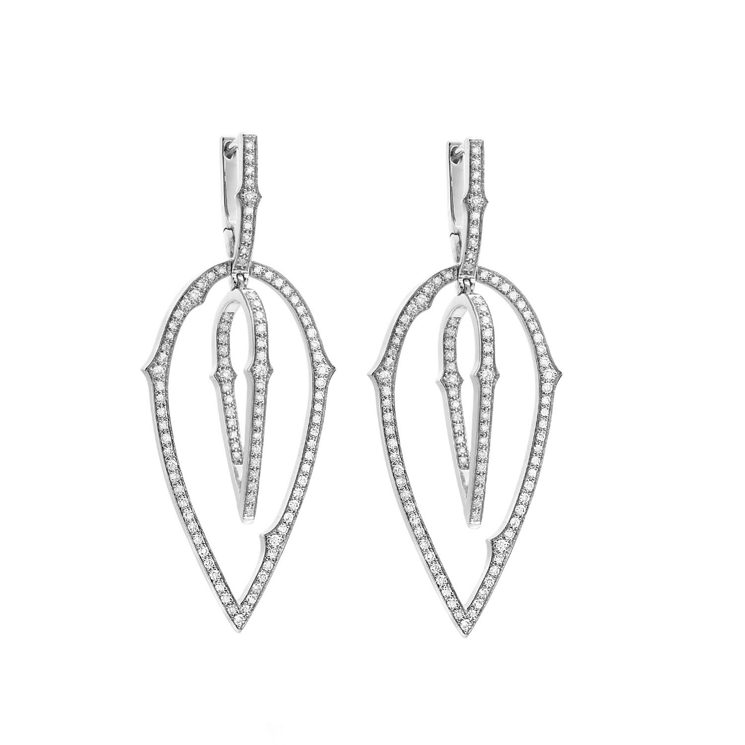 Thorn Stem 3D Hoop Earrings with White Diamonds in 18kt White Gold by Stephen Webster. Convertible hoop earrings with 1.74ctw of pave set white diamonds in 18kt white gold. Thorn Stem 3D Hoop Earrings with White Diamonds in 18kt White Gold