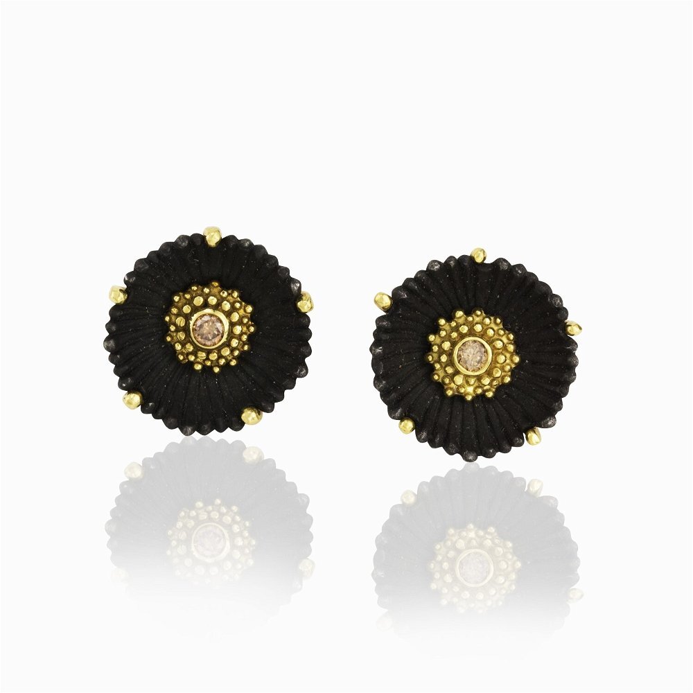 Flowering Coral Large Button Earrings with Cognac Diamonds in Black Chrome and 18kt Yellow Gold by Sarah Graham. Larger button earrings with two natural color cognac diamonds at 0.50ctw set in oxidized cobalt chrome and 18kt yellow gold. Post with Omega back. Flowering Coral Large Button Earrings with Cognac Diamonds in Black Chrome and 18kt Yellow Gold