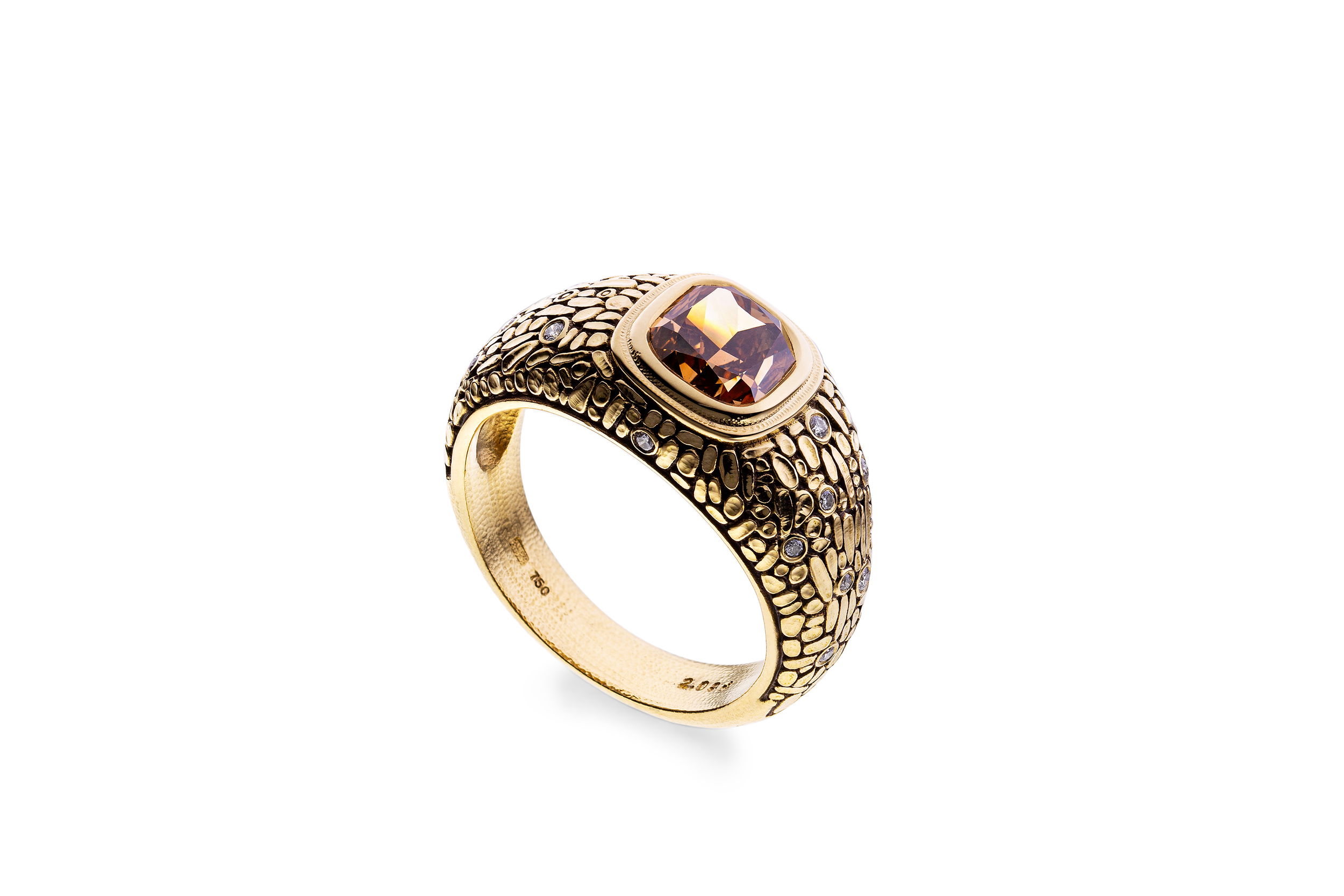 Cushion Ring with Center 2.08ct Fancy Brown Diamond and White Diamonds in 18t Yellow Gold