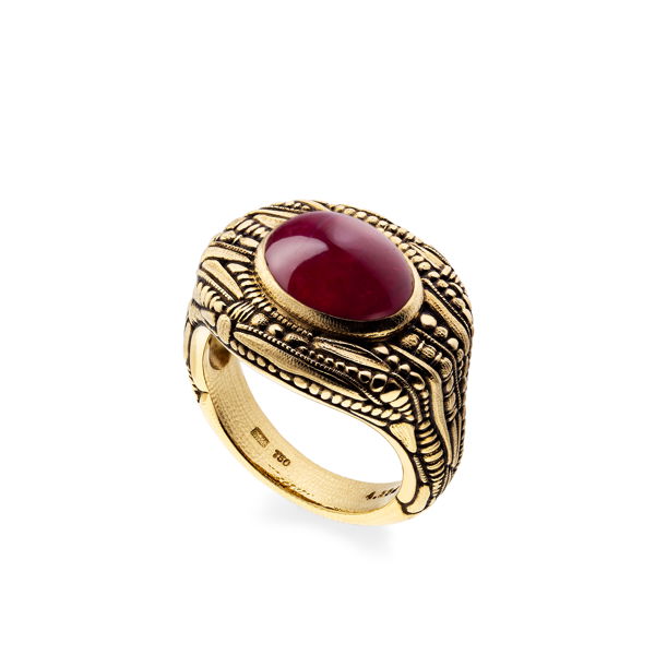 Closeup photo of Jane Ring with 4.89ct Cabochon Ruby in 18kt Yellow Gold