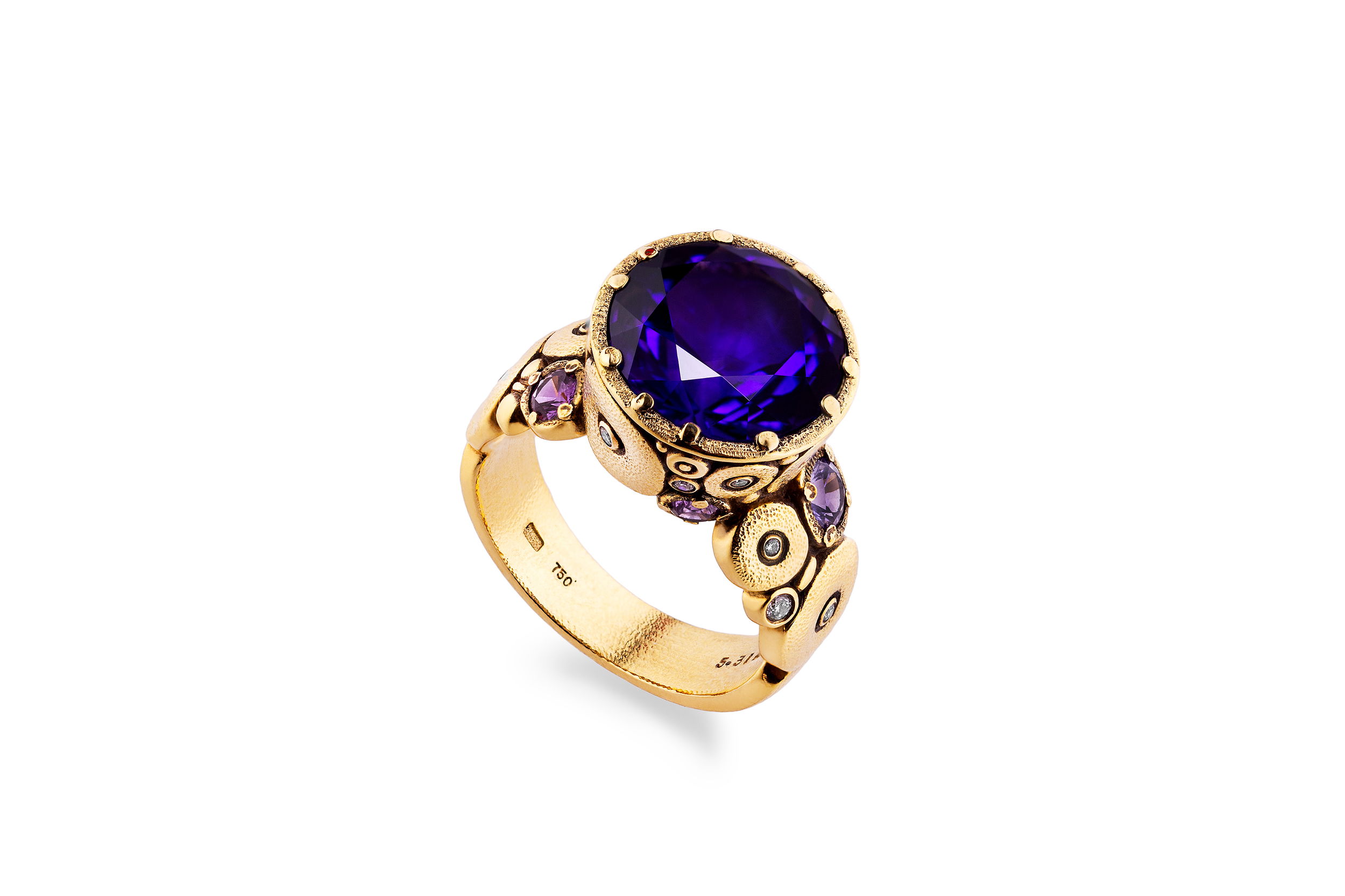 Orchard Ring with Amethyst Center Stone, Sapphire and White Diamond Mounting in 18kt Yellow Gold