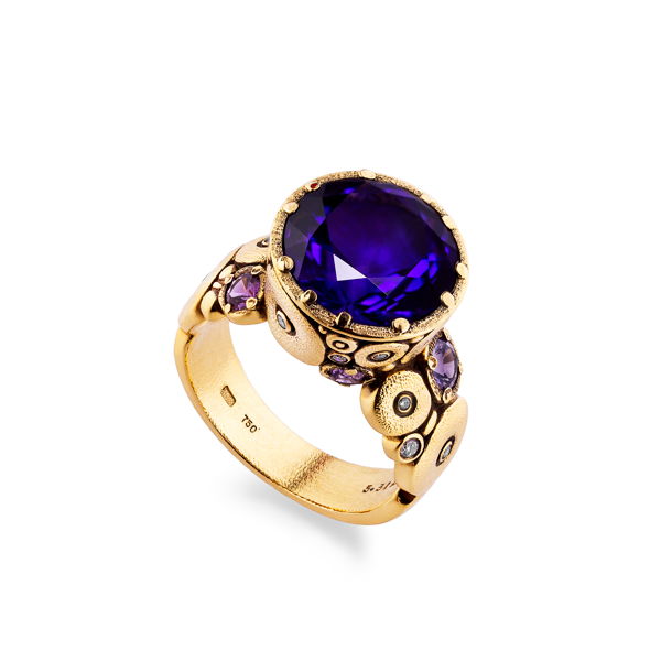 Closeup photo of Orchard Ring with Amethyst Center Stone, Sapphire and White Diamond Mounting in 18kt Yellow Gold