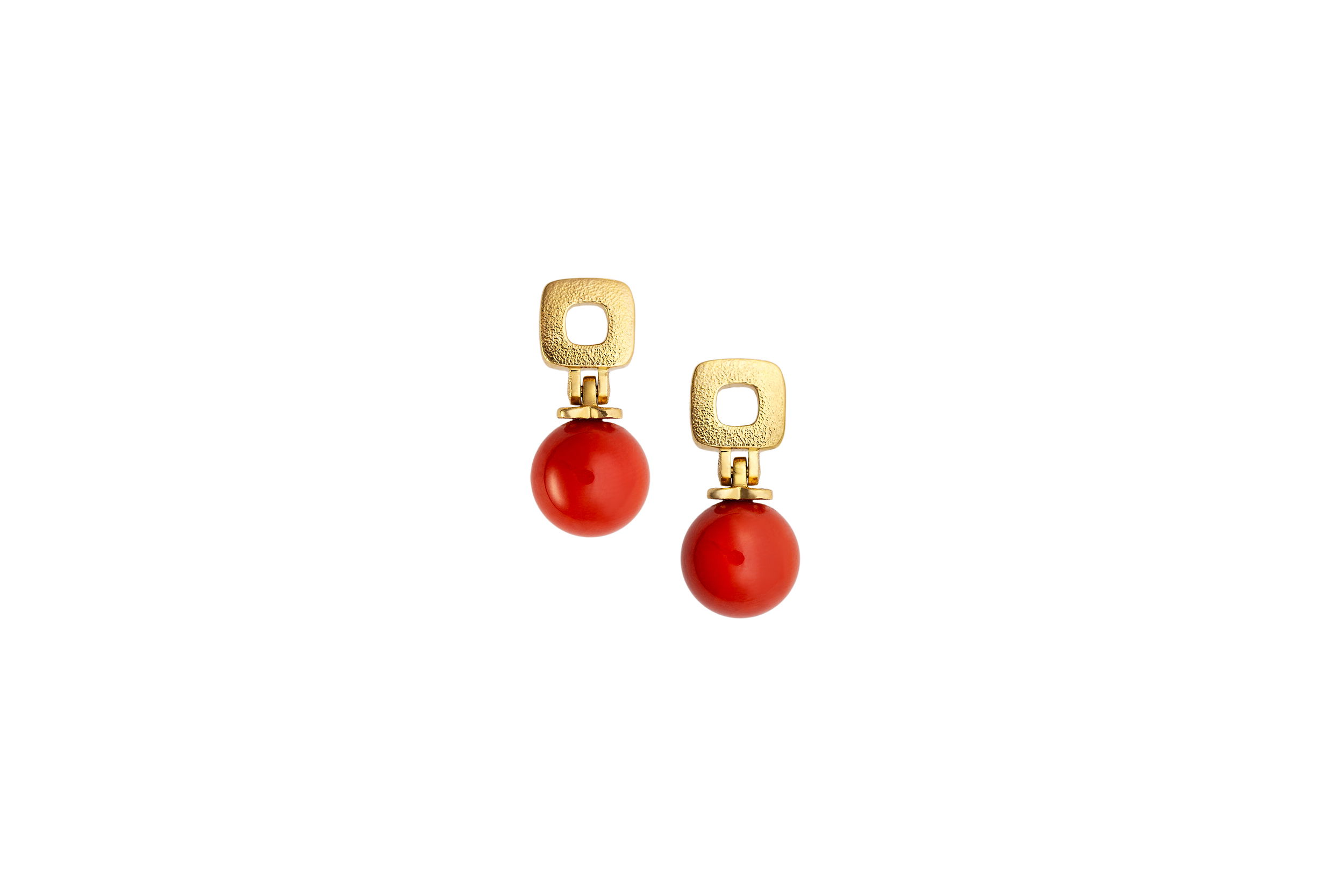 Square Top Drop Earrings with Mediterranean Red Coral in 18kt Yellow Gold