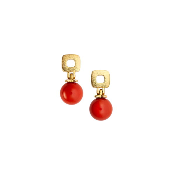 Closeup photo of Square Top Drop Earrings with Mediterranean Red Coral in 18kt Yellow Gold