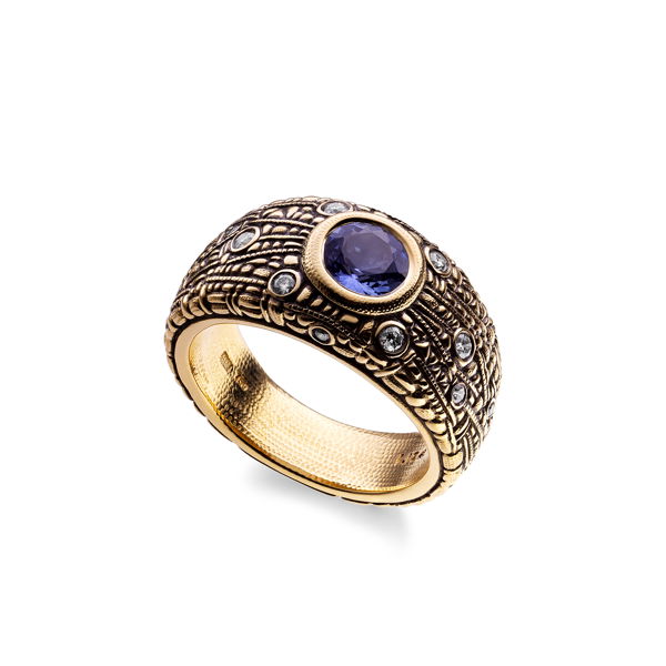 Closeup photo of Starburst Ring with 1.12ct Blue Sapphire in 18kt Yellow Gold