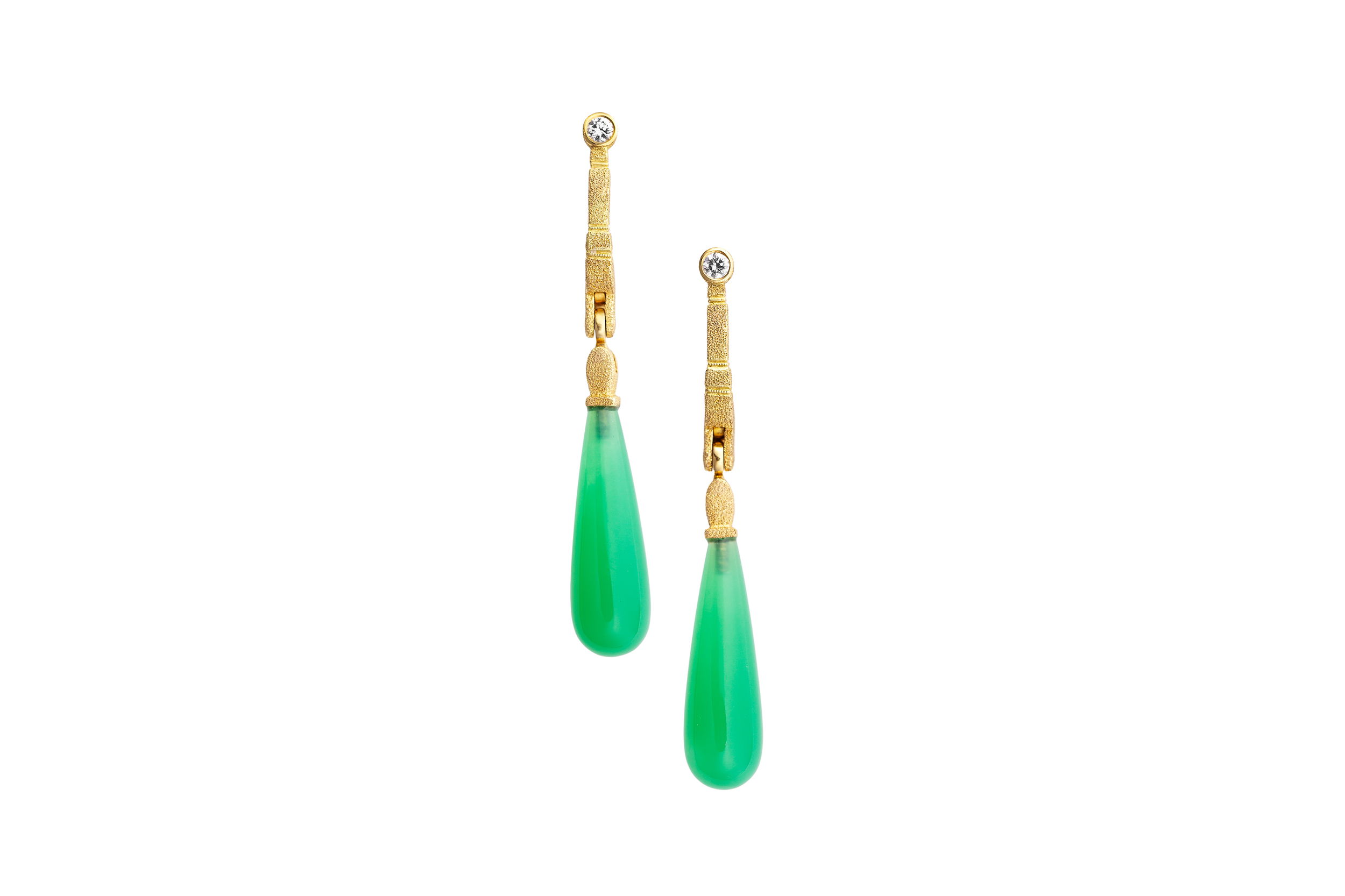 Sticks and Stones Dangle Earrings with Chrysoprase and White Diamonds in 18kt Yellow Gold