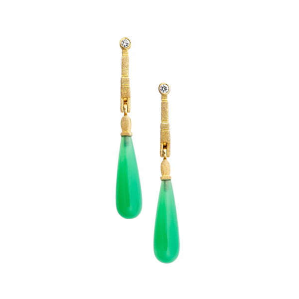 Closeup photo of Sticks and Stones Dangle Earrings with Chrysoprase and White Diamonds in 18kt Yellow Gold