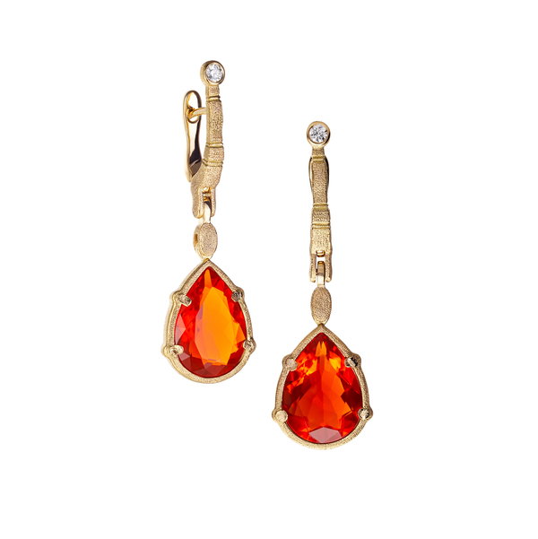 Sticks and Stones Dangle Earrings with Fire Opal and White Diamonds in 18kt Yellow Gold