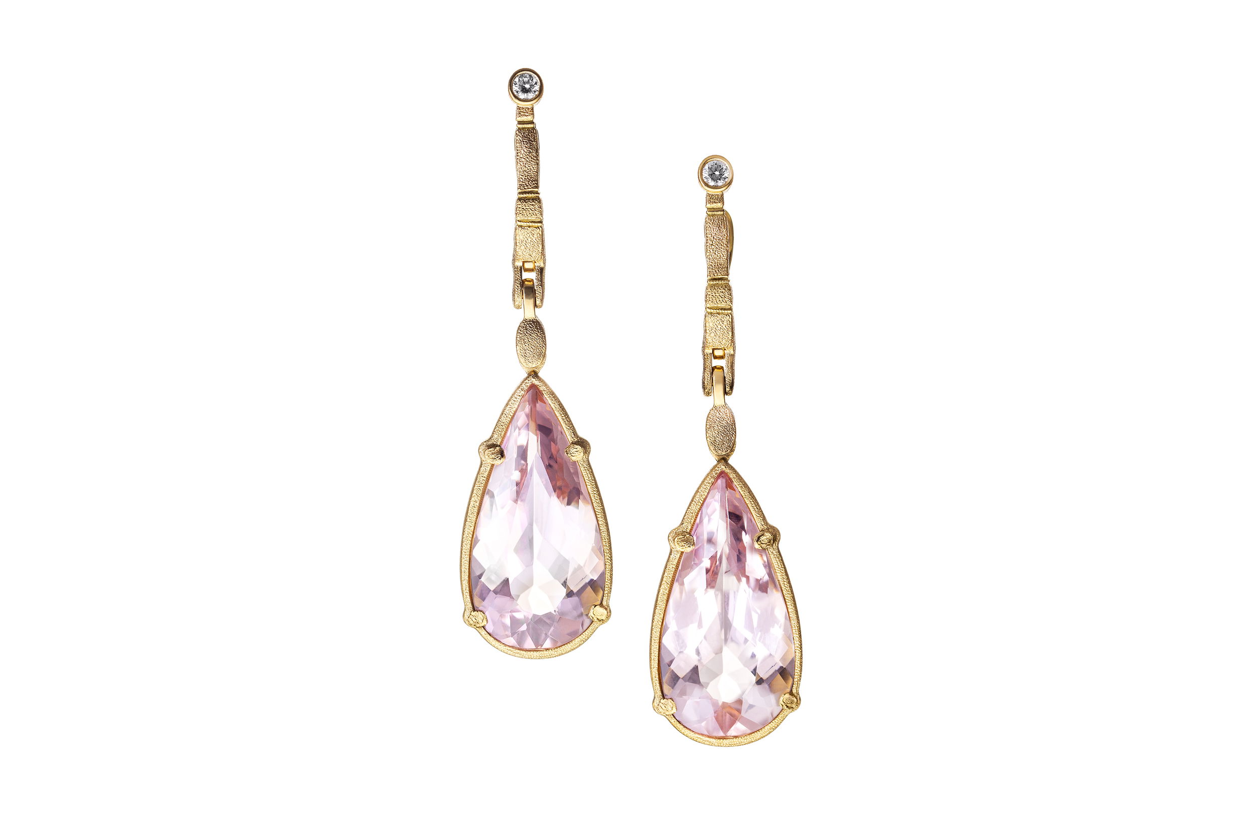 Sticks and Stones Dangle Earrings with Morganite and White Diamonds in 18kt Yellow Gold