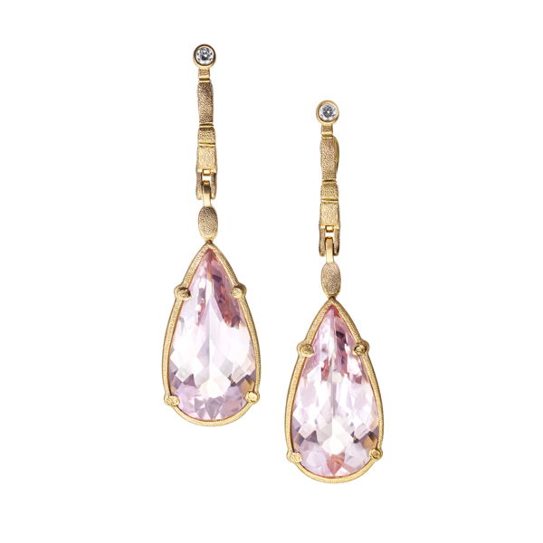Closeup photo of Sticks and Stones Dangle Earrings with Morganite and White Diamonds in 18kt Yellow Gold