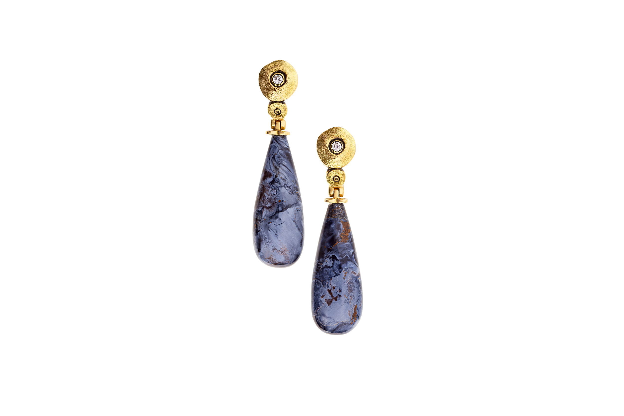 Sticks and Stones Dangle Earrings with Pietersite and White Diamonds in 18kt Yellow Gold