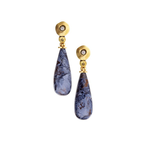 Closeup photo of Sticks and Stones Dangle Earrings with Pietersite and White Diamonds in 18kt Yellow Gold