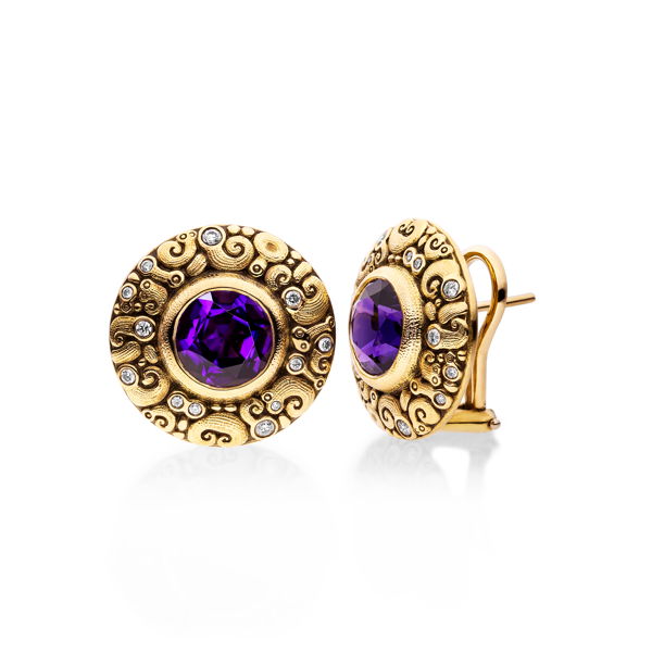 Closeup photo of Temptation Button Earrings with Amethyst and White Diamonds in 18kt Yellow Gold