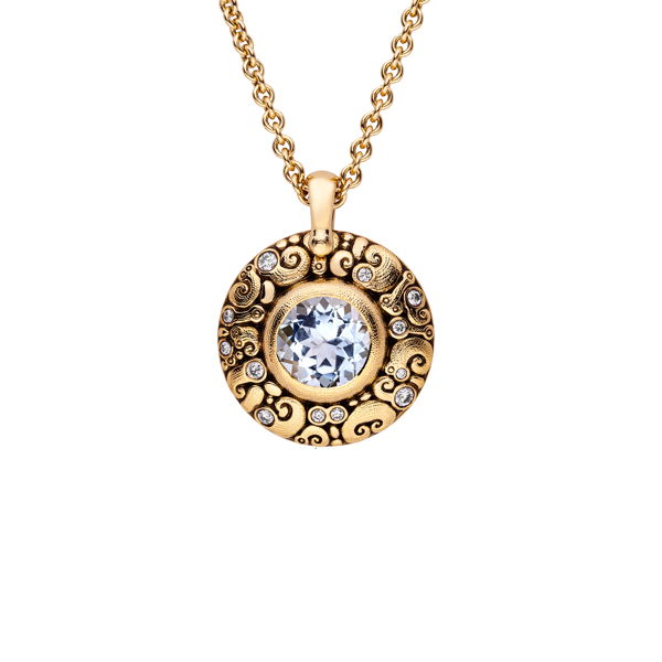 Closeup photo of Temptation Pendant Necklace with Aquamarine and White Diamonds in 18kt Yellow Gold