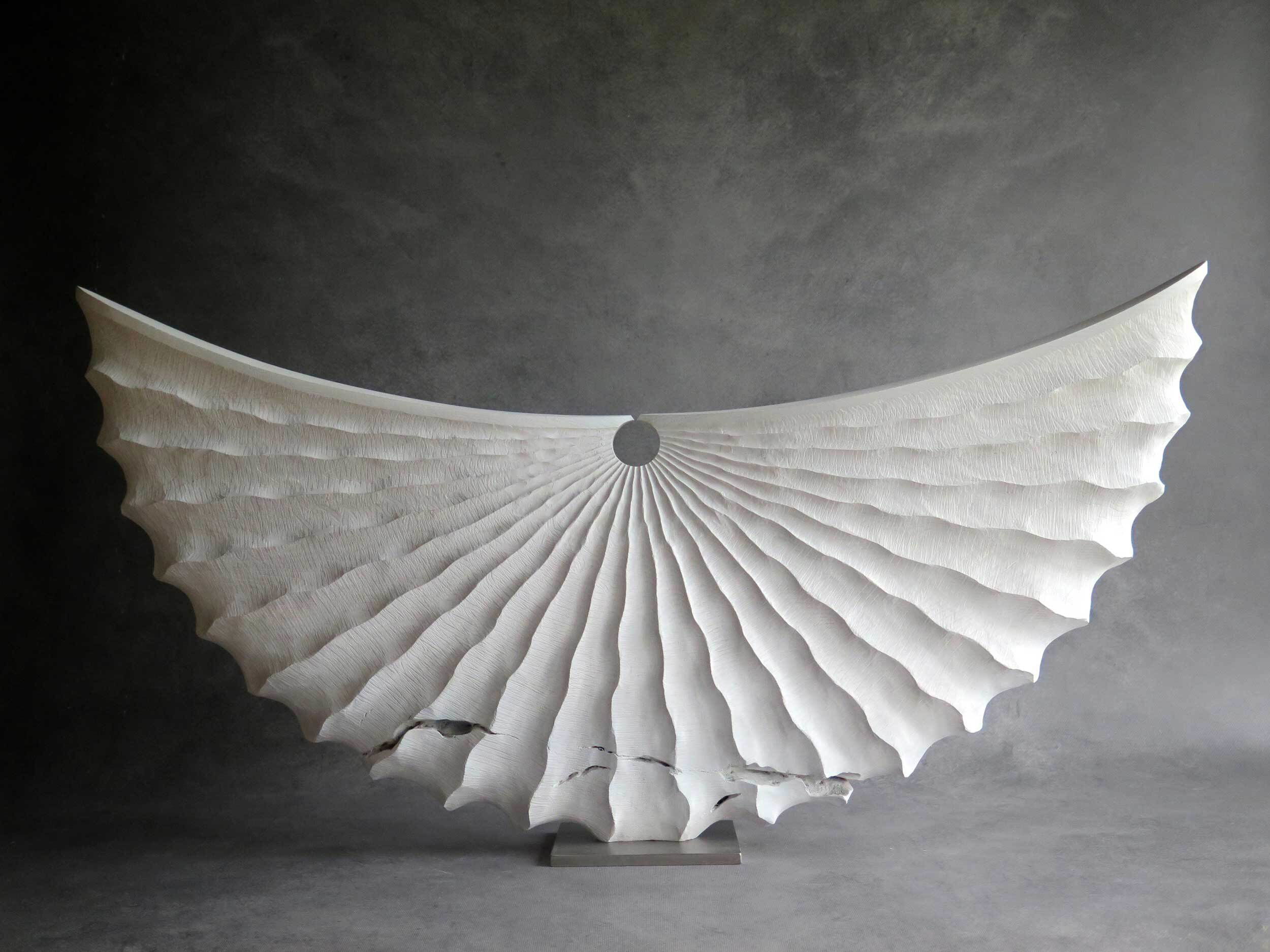 Shell Form Ash-White Wood Sculpture