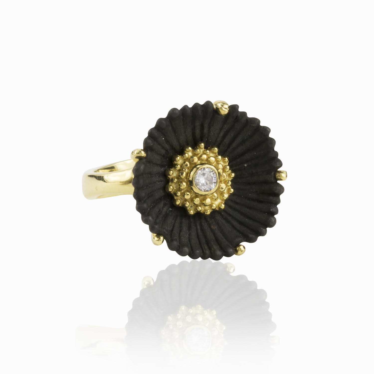 Flowering Coral Medium Flower Ring with White Diamond in Black Chrome and 18kt Yellow Gold by Sarah Graham. Medium size flower in oxidized cobalt chrome with a 0.10ct white diamond at the center. Flowering Coral Medium Flower Ring with White Diamond in Black Chrome and 18kt Yellow Gold