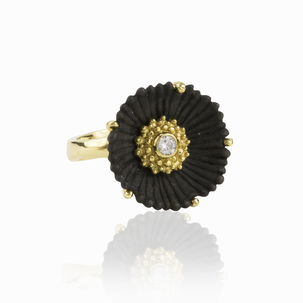 Closeup photo of Flowering Coral Medium Flower Ring with White Diamond in Black Chrome and 18kt Yellow Gold