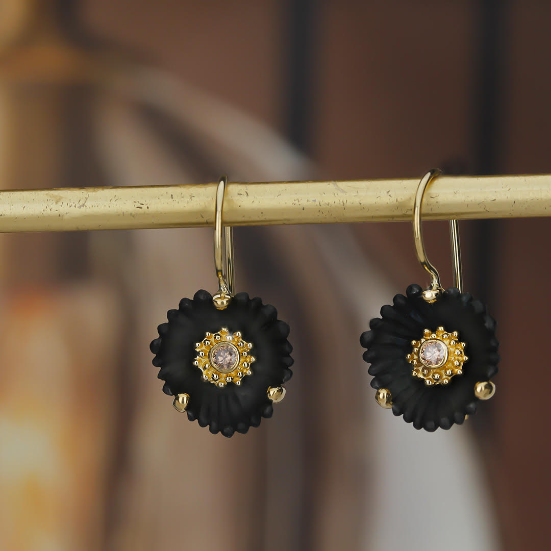 Flowering Coral Small Drop Wire Earrings with White Diamonds in Black Chrome and 18kt Yellow Gold