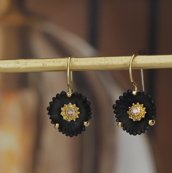 Closeup photo of Flowering Coral Small Drop Wire Earrings with White Diamonds in Black Chrome and 18kt Yellow Gold