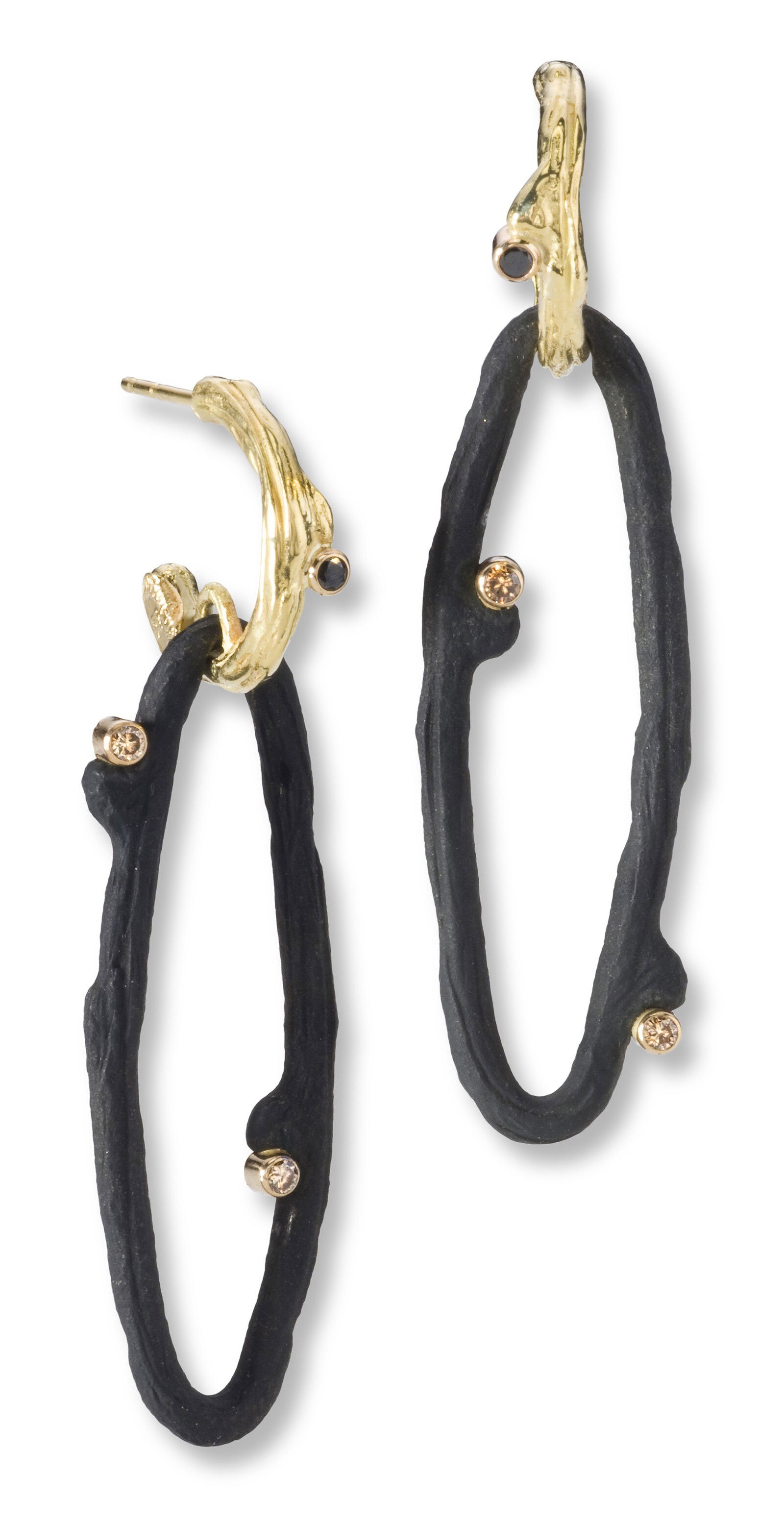 Hemp Oval Dangle Hoop Earrings with White Diamonds in in Black Chrome and 18kt Yellow Gold