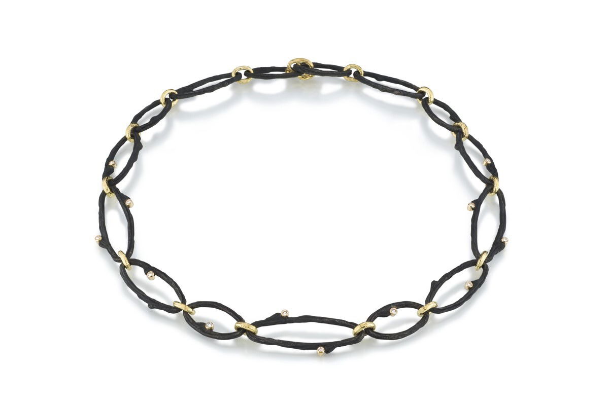 Hemp Oval Link Collar Necklace with White Diamonds in in Black Chrome and 18kt Yellow Gold - 18"