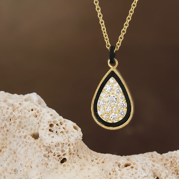 Closeup photo of Paramount Pendant Style Necklace with White Diamond Pave in in Black Chrome and 18kt Yellow Gold