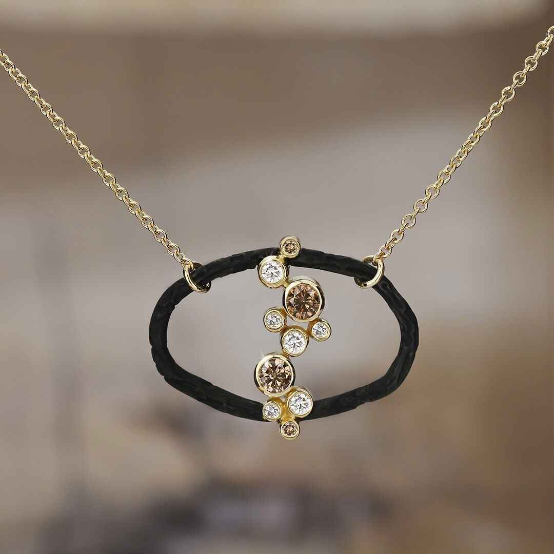 Pebble Oval Inline Necklace with Cognac and White Diamonds in Black Chrome and 18kt Yellow Gold