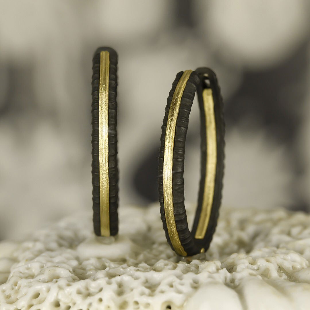 Ridge 27mm Hinged Oval Inside Out Gold Strip Hoop Earrings in Black Chrome and 18kt Yellow Gold