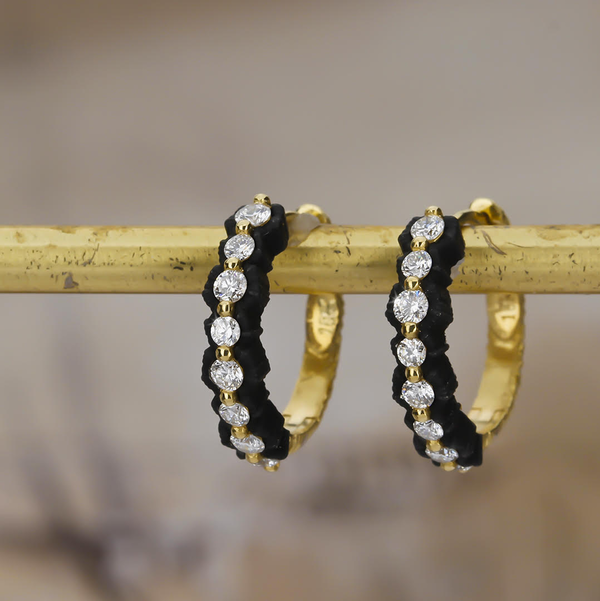 Closeup photo of Scallop 16.5 Round Hoop Earrings with White Diamonds in Black Chrome and 18kt Yellow Gold