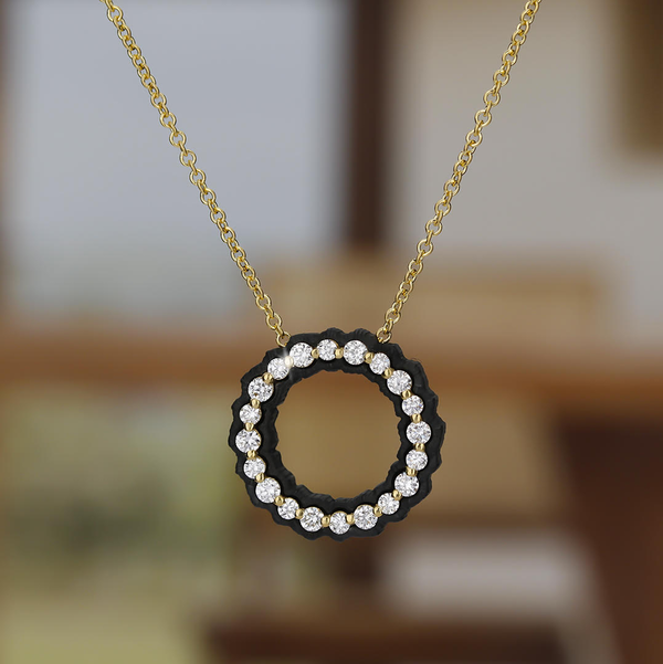 Closeup photo of Scallop Pendant Style Necklace with White Diamonds in Black Chrome and 18kt Yellow Gold