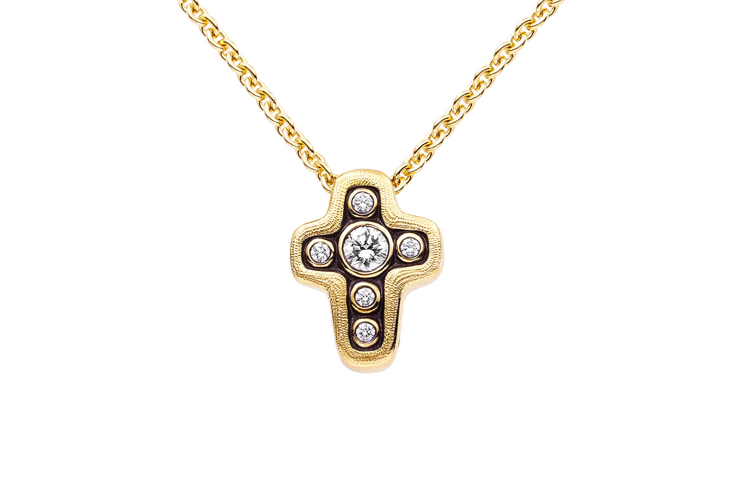 Cross Pendant Necklace with White Diamonds in 18kt Yellow Gold