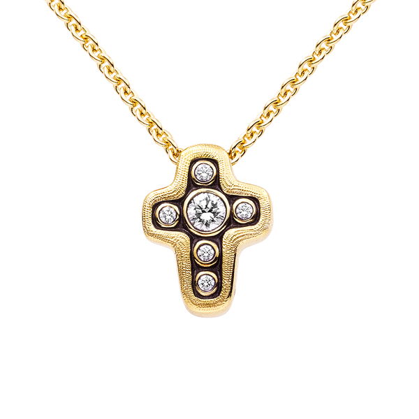 Closeup photo of Cross Pendant Necklace with White Diamonds in 18kt Yellow Gold