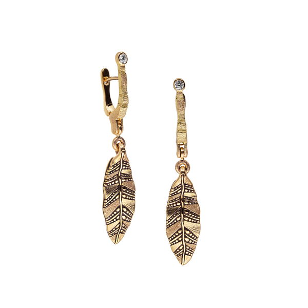 Closeup photo of Leaf 2 Dangle Earrings with White Diamonds in 18kt Yellow Gold