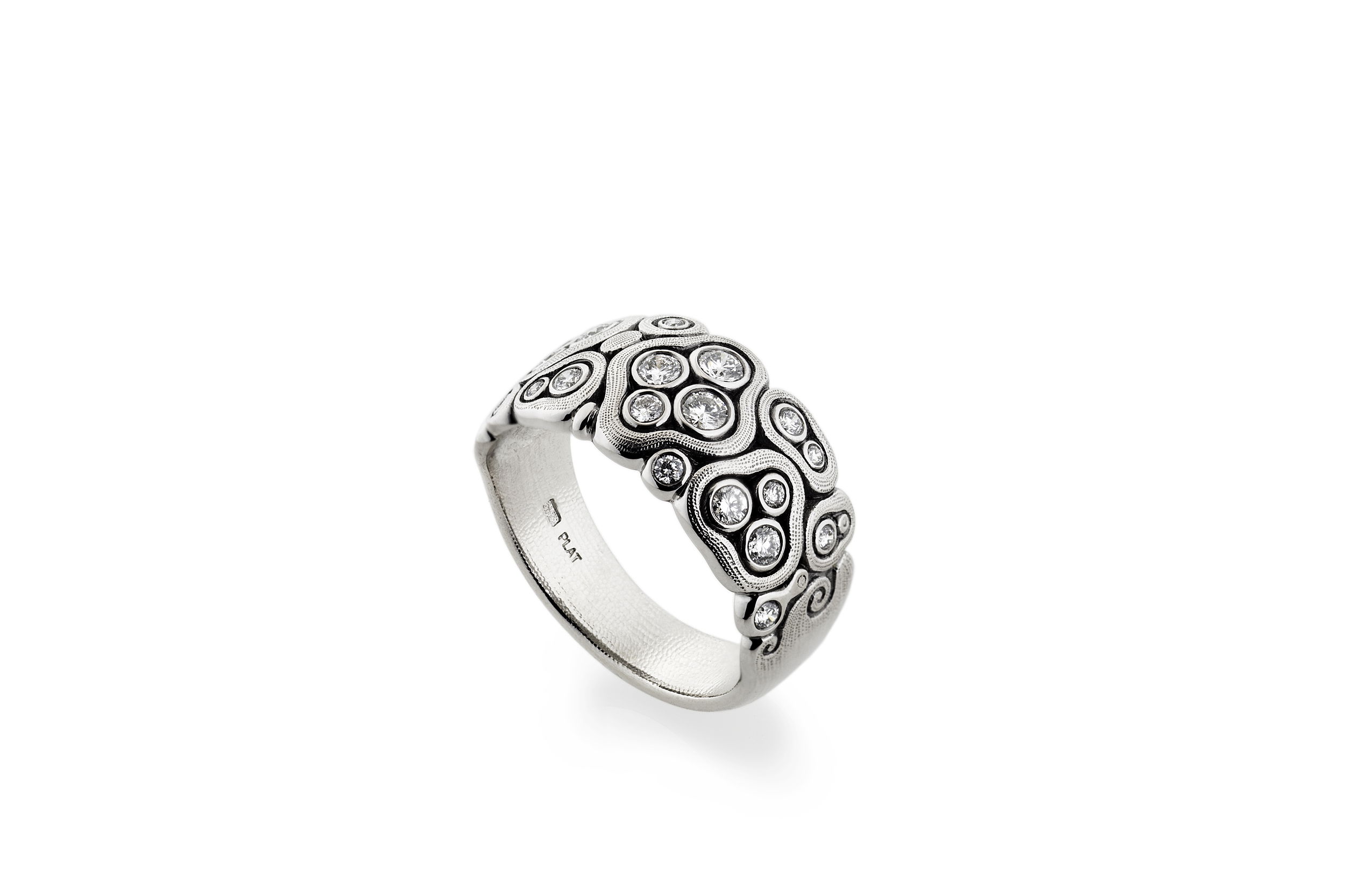 Swirling Water Dome Band Ring with White Diamonds in Platinum