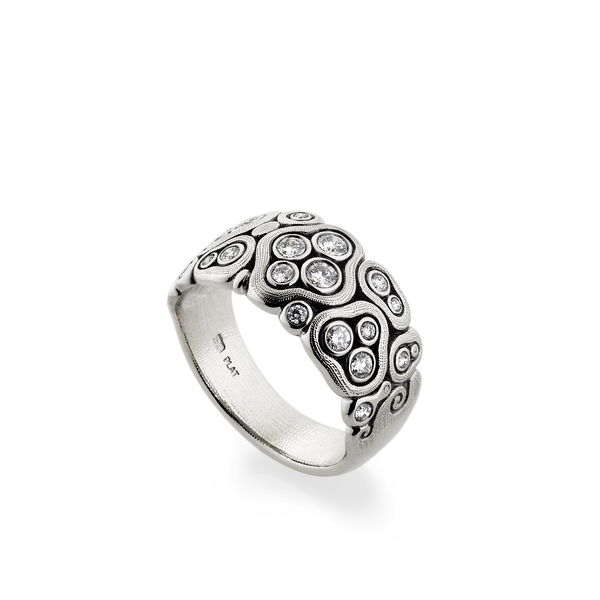 Closeup photo of Swirling Water Dome Band Ring with White Diamonds in Platinum