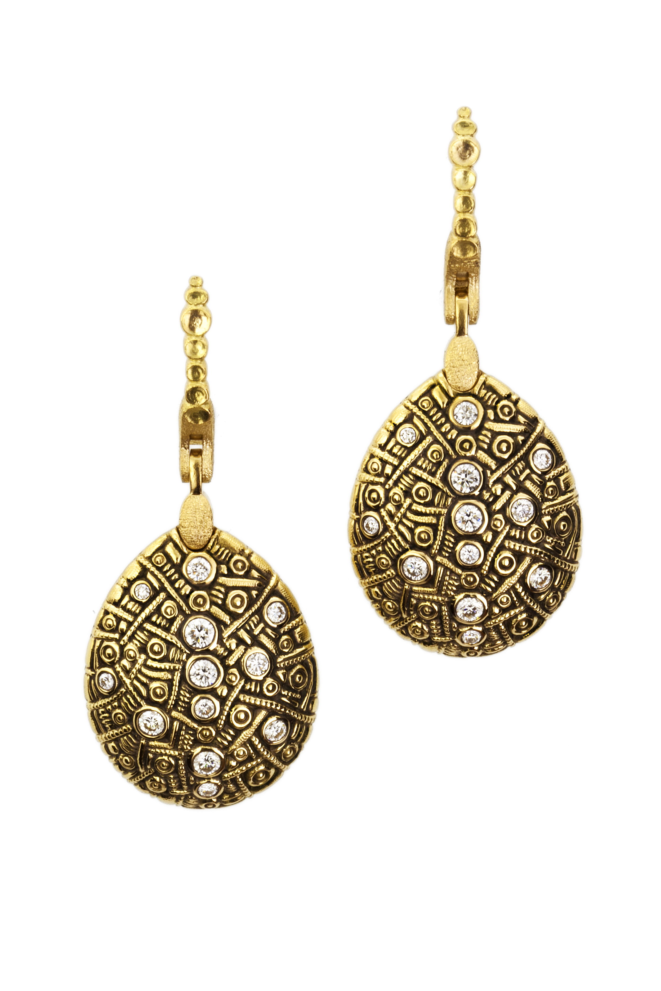 Tear Drop Dangle Earrings with White Diamonds in 18kt Yellow Gold