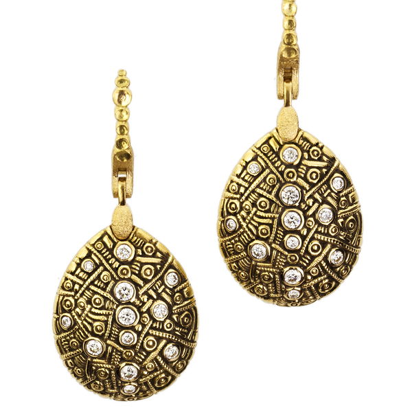 Closeup photo of Tear Drop Dangle Earrings with White Diamonds in 18kt Yellow Gold