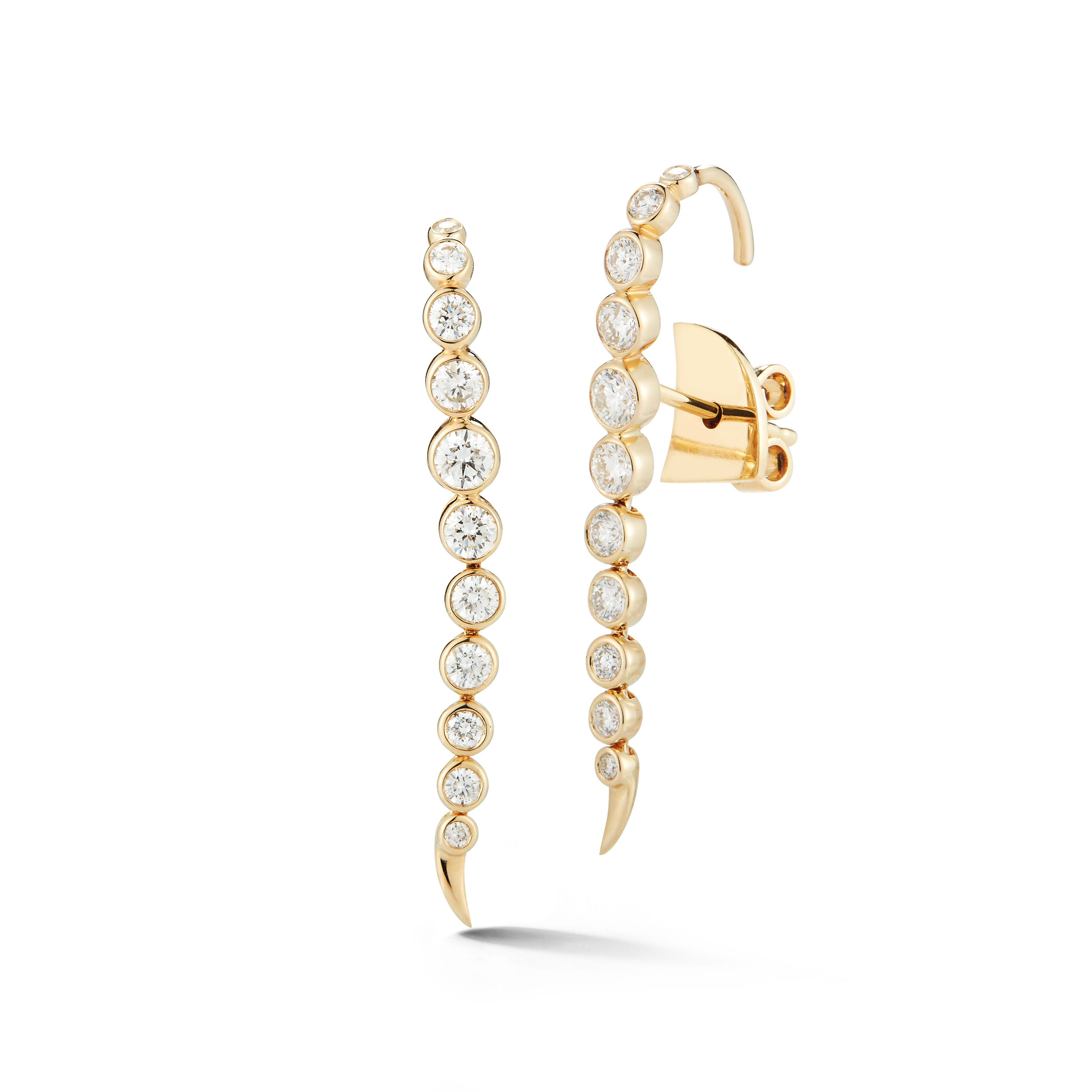 River Curved Single Row Dangle Earrings with White Diamonds in 18kt Yellow Gold