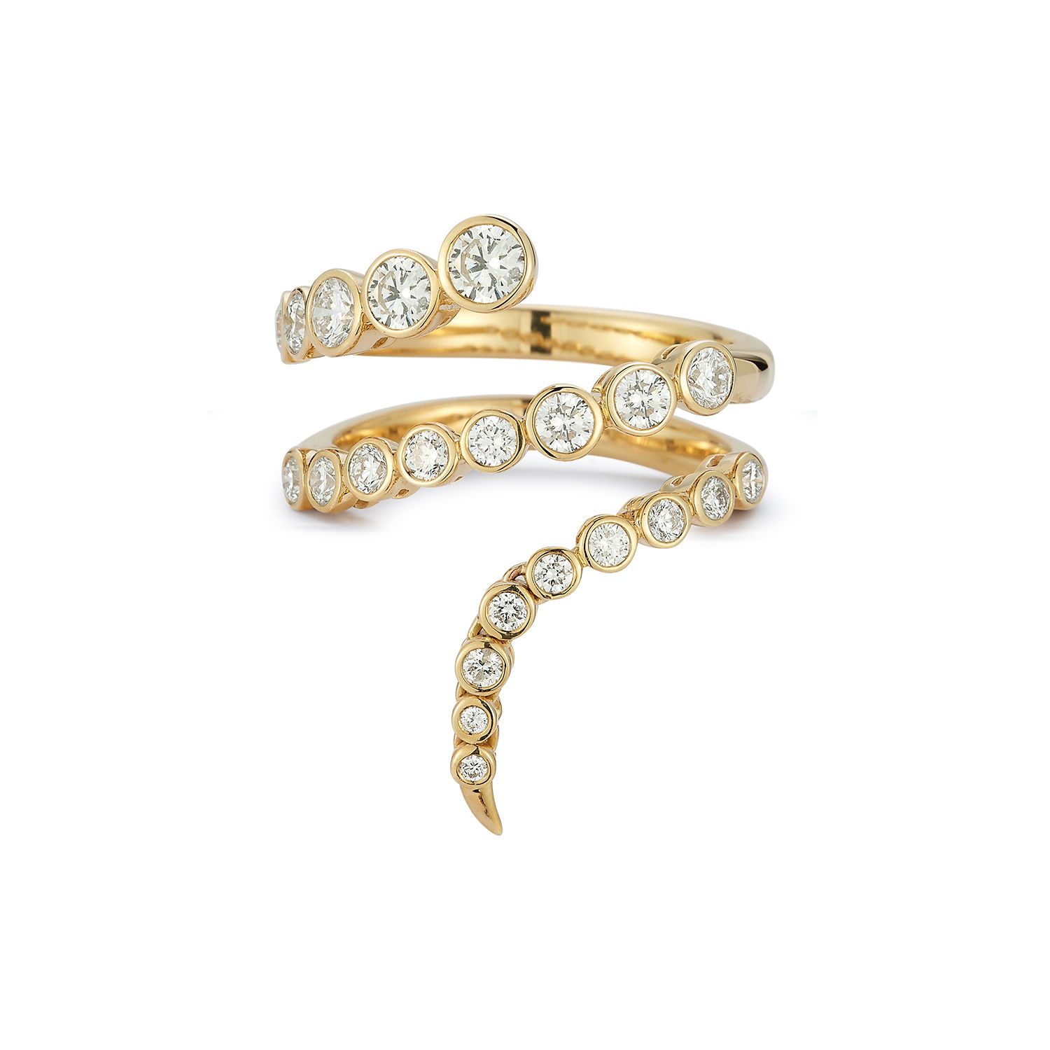 Radiance Coil Wrap Ring with White Diamonds in 18kt Yellow Gold - Size 7 by ONDYN Jewelry. Bezel-set diamond coil wrap ring, with articulated diamond end and signature wave tip. There are 1.37ctw of white diamonds H/SI quality. This ring is a size 7. Radiance Coil Wrap Ring with White Diamonds in 18kt Yellow Gold - Size 7