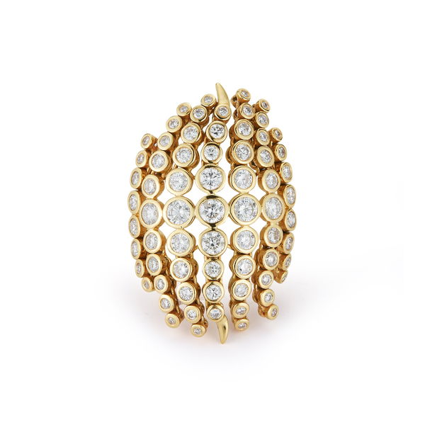 Closeup photo of Fringe 7 Row Articulated Ring with White Diamonds in 18kt Yellow Gold - Size 7