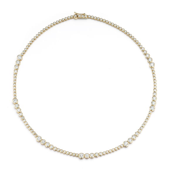 Closeup photo of Grand Rainsun Graduated Tennis Necklace with White Diamonds in 18kt Yellow Gold - 15 inches