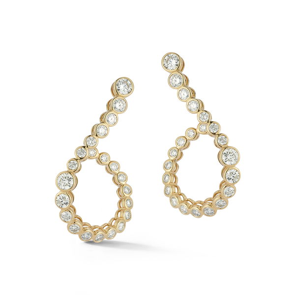 Closeup photo of Halo Front Facing Hoop Earrings with White Diamonds in 18kt Yellow Gold