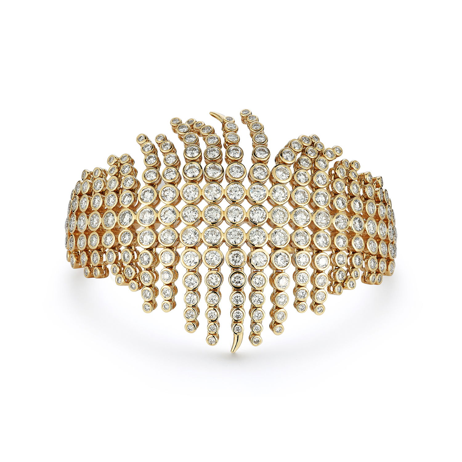 Grand Fringe Articulated Hinged Cuff Bracelet with White Diamonds in 18kt Yellow Gold