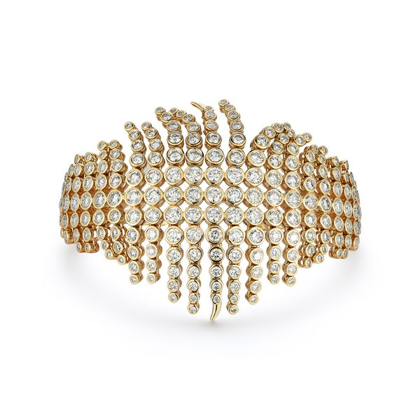 Closeup photo of Grand Fringe Articulated Hinged Cuff Bracelet with White Diamonds in 18kt Yellow Gold