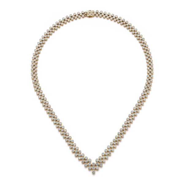 Closeup photo of Chequer Riviere Necklace with White Diamonds in 18kt Yellow Gold