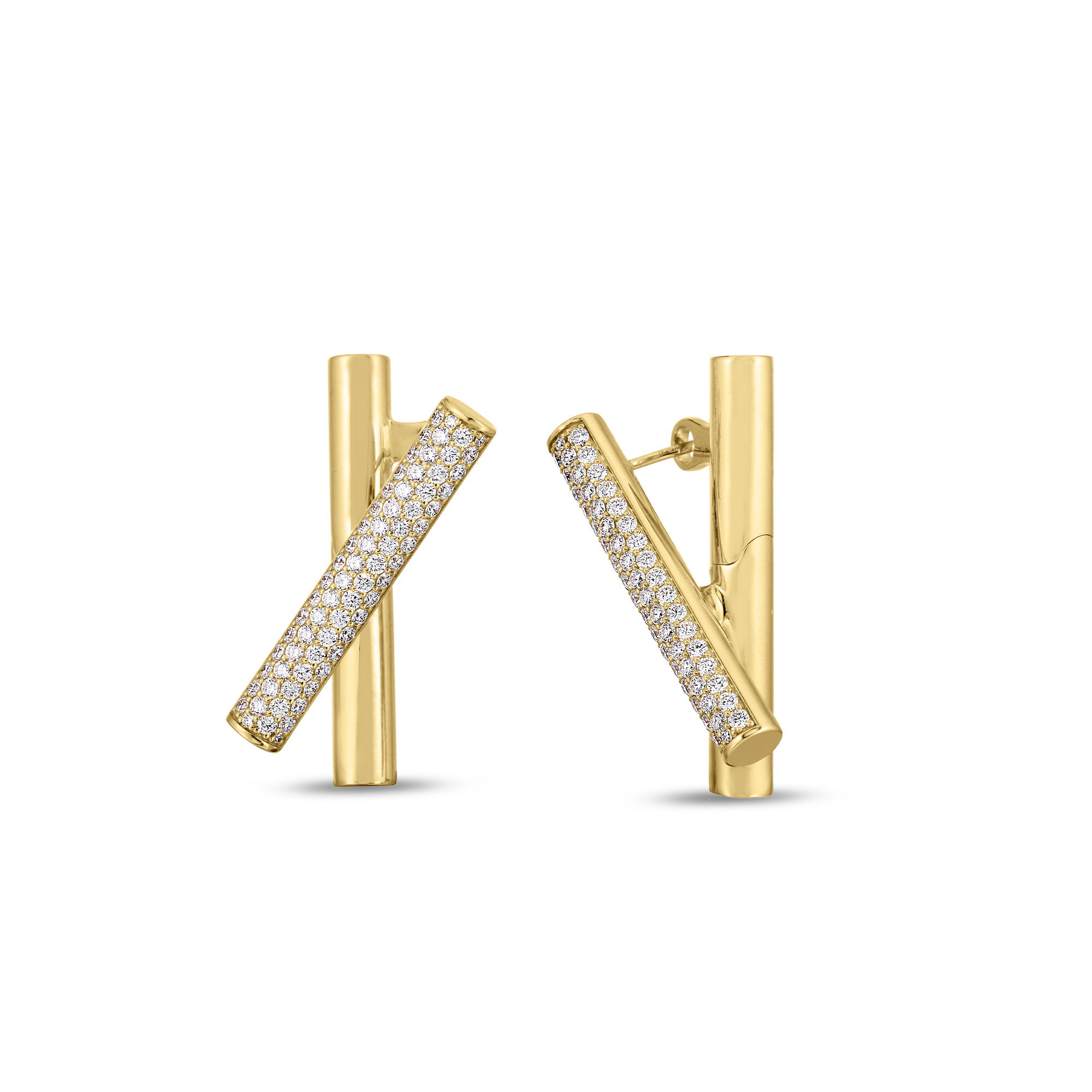 Domino Cross Over Button Earrings with Pave White Diamonds in 18kt Yellow Gold