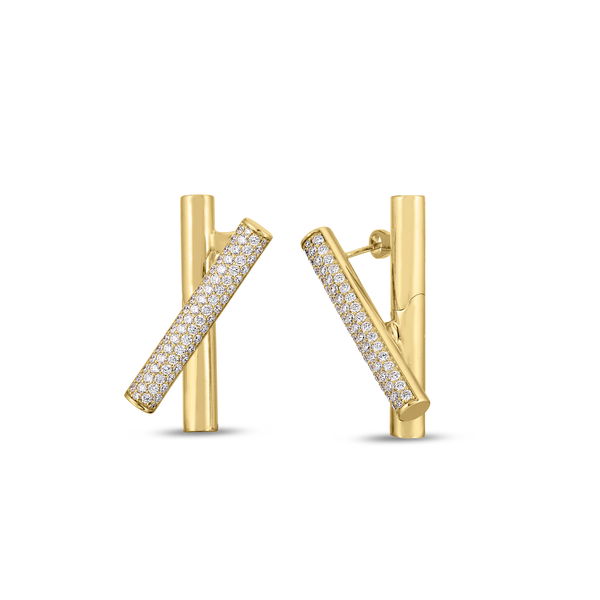 Closeup photo of Domino Cross Over Button Earrings with Pave White Diamonds in 18kt Yellow Gold