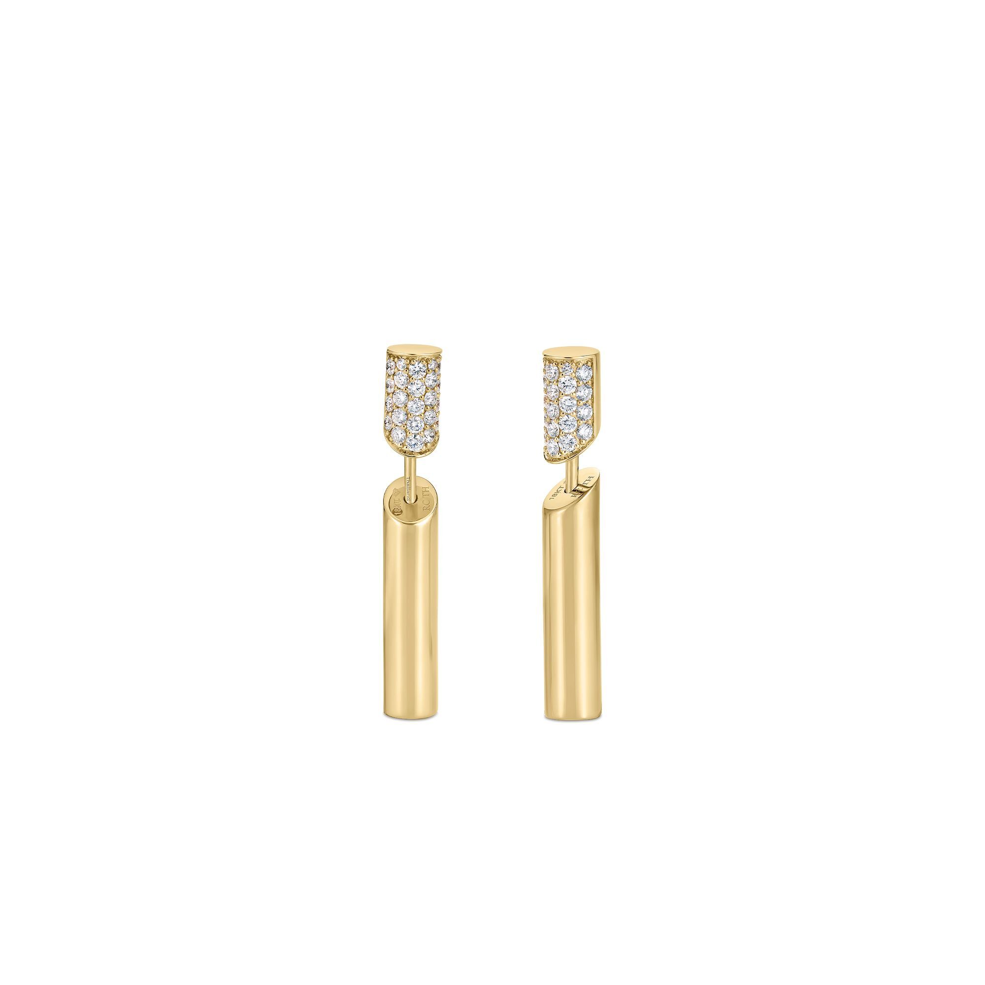 Domino Drop Earrings with Pave White Diamonds in 18kt Yellow Gold by Roberto Coin. White diamond pave elements on the top with gold cylinders hanging below. There are 0.58ctw of white diamonds in the earrings. All of the diamonds are G-H/SI. Domino Drop Earrings with Pave White Diamonds in 18kt Yellow Gold