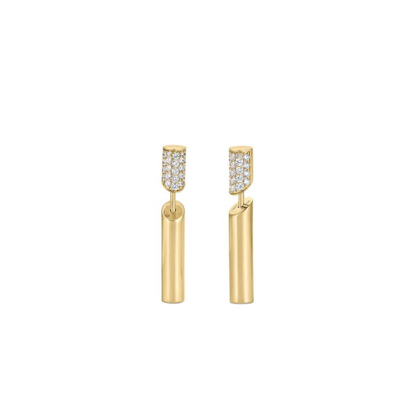 Closeup photo of Domino Drop Earrings with Pave White Diamonds in 18kt Yellow Gold